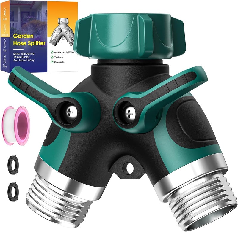 BKV 2 Way Garden Hose Splitter with Shut Off Valve,Water Spigot Splitter for 3/4" Hose Connector,Heavy Duty Metal Outdoor Faucet Splitter Y Connector for Garden Hose,with 3 Leakproof Washers & 1 tape - Image 1
